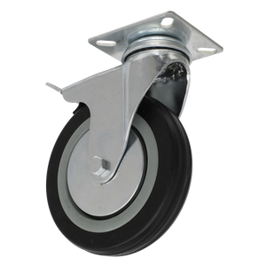 The Sealey Castor Wheel Swivel Plate with Brake Ø125mm - SCW1125SPL features a robust metal swivel plate castor paired with a durable black rubber tire. It includes a flat mounting plate equipped with four holes and forms part of our economy range of castors. This product is ideally suited for use on carts or furniture, offering a load capacity of 100kg.