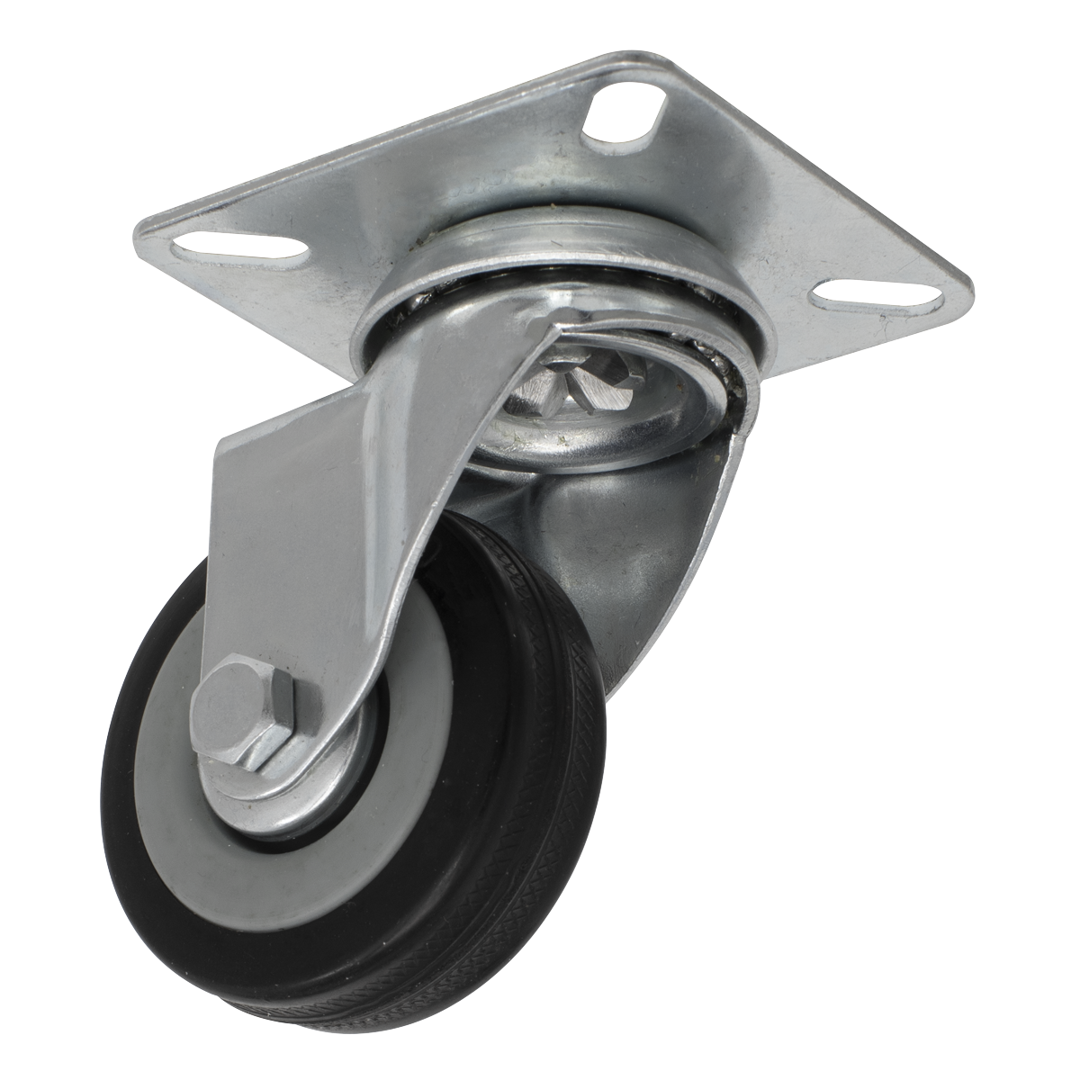 Introducing the Sealey Castor Wheel Swivel Plate Ø50mm - SCW150SP, featuring a durable rubber wheel and mounting plate, capable of supporting a load capacity of 25kg.