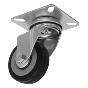 Introducing the Sealey Castor Wheel Swivel Plate Ø50mm - SCW150SP, featuring a durable rubber wheel and mounting plate, capable of supporting a load capacity of 25kg.