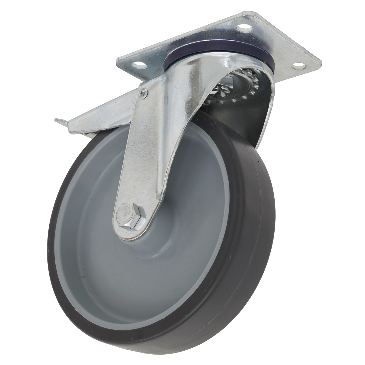 The Sealey Medium-Duty Thermoplastic Swivel Castor Wheel with Total Lock Ø100mm - Trade - SCW2100SPLEM features a grey thermoplastic wheel and a metal plate for mounting, along with a total lock mechanism for enhanced stability.