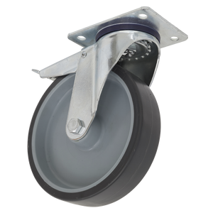 The Sealey Medium-Duty Thermoplastic Swivel Castor Wheel with Total Lock Ø100mm - Trade - SCW2100SPLEM features a grey thermoplastic wheel and a metal plate for mounting, along with a total lock mechanism for enhanced stability.