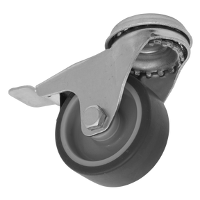 The Sealey Medium-Duty Thermoplastic Bolt Hole Caster Wheel with Total Lock Ø50mm - Trade - SCW250SBLEM features a grey metal frame, black rubber thermoplastic wheel, and a swivel mount.