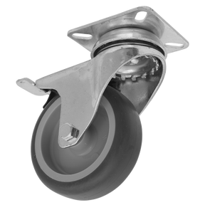 The Sealey Medium-Duty Thermoplastic Swivel Castor Wheel with Total Lock Ø75mm (Trade - SCW275SPLEM) features a metal frame with a black rubber tire.