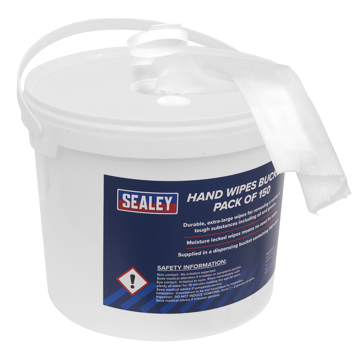 The Sealey Hand Wipes Bucket - Pack of 150 - SCW3 is a white plastic container featuring a convenient carrying handle and a roll of extra-large, durable wipes protruding through its lid. This bucket comes with comprehensive safety information and usage details, making it ideal for removing oil and grease.