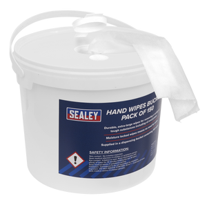 The Sealey Hand Wipes Bucket - Pack of 150 - SCW3 is a white plastic container featuring a convenient carrying handle and a roll of extra-large, durable wipes protruding through its lid. This bucket comes with comprehensive safety information and usage details, making it ideal for removing oil and grease.