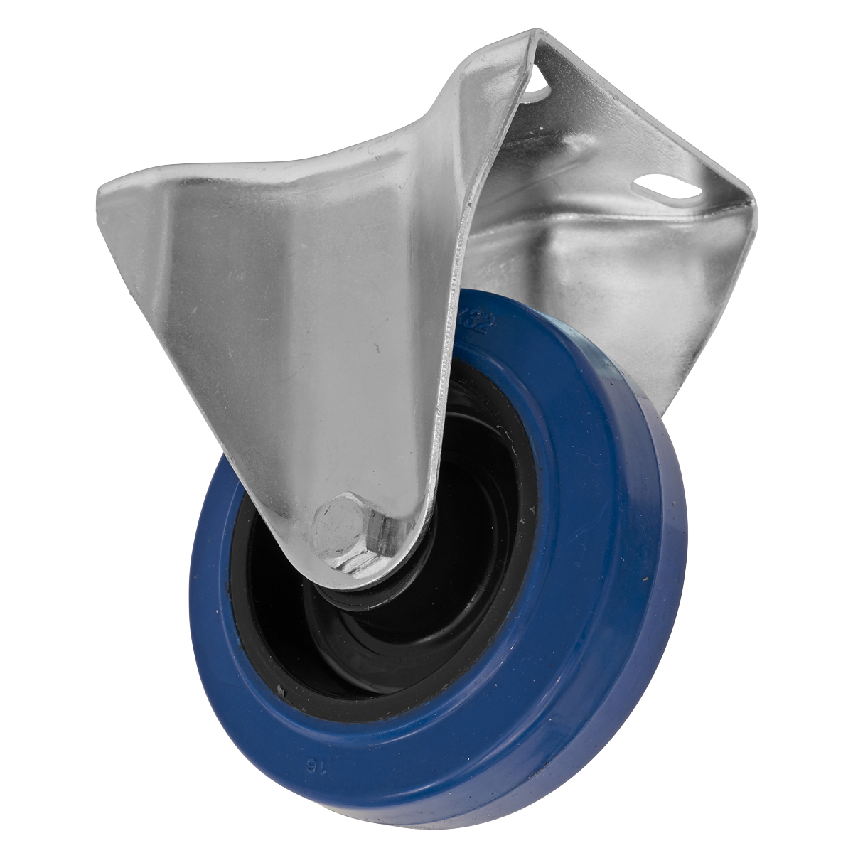 Introducing the Sealey Heavy-Duty Blue Elastic Rubber Fixed Castor Wheel Ø100mm - Trade - SCW3100FPEM, featuring a robust blue and black elastic rubber wheel with a metal bracket for secure attachment and capable of handling loads up to 100kg.