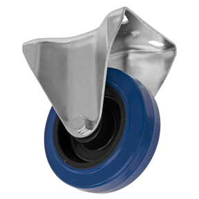 Introducing the Sealey Heavy-Duty Blue Elastic Rubber Fixed Castor Wheel Ø100mm - Trade - SCW3100FPEM, featuring a robust blue and black elastic rubber wheel with a metal bracket for secure attachment and capable of handling loads up to 100kg.