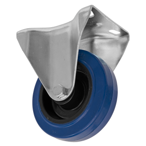 Introducing the Sealey Heavy-Duty Blue Elastic Rubber Fixed Castor Wheel Ø100mm - Trade - SCW3100FPEM, featuring a robust blue and black elastic rubber wheel with a metal bracket for secure attachment and capable of handling loads up to 100kg.