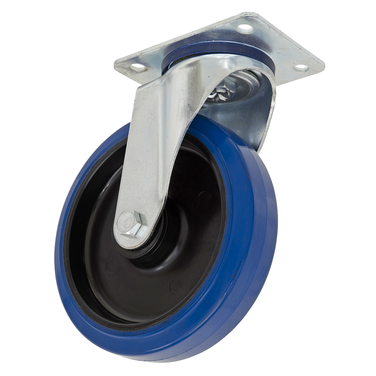 The Sealey Heavy-Duty Blue Elastic Rubber Swivel Castor Wheel Ø100mm - Trade - SCW3100SPEM, featuring a metal mounting plate and bracket, has a load capacity of 100kg.