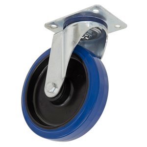 The Sealey Heavy-Duty Blue Elastic Rubber Swivel Castor Wheel Ø100mm - Trade - SCW3100SPEM, featuring a metal mounting plate and bracket, has a load capacity of 100kg.