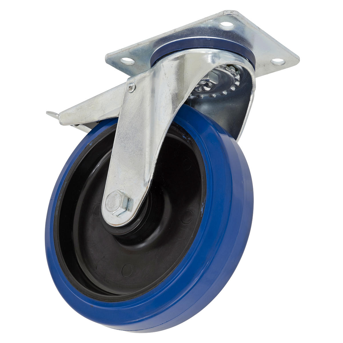 Heavy-Duty Blue Elastic Rubber Swivel Castor Wheel With Total Lock Ø100mm - Trade - SCW3100SPLEM - Farming Parts