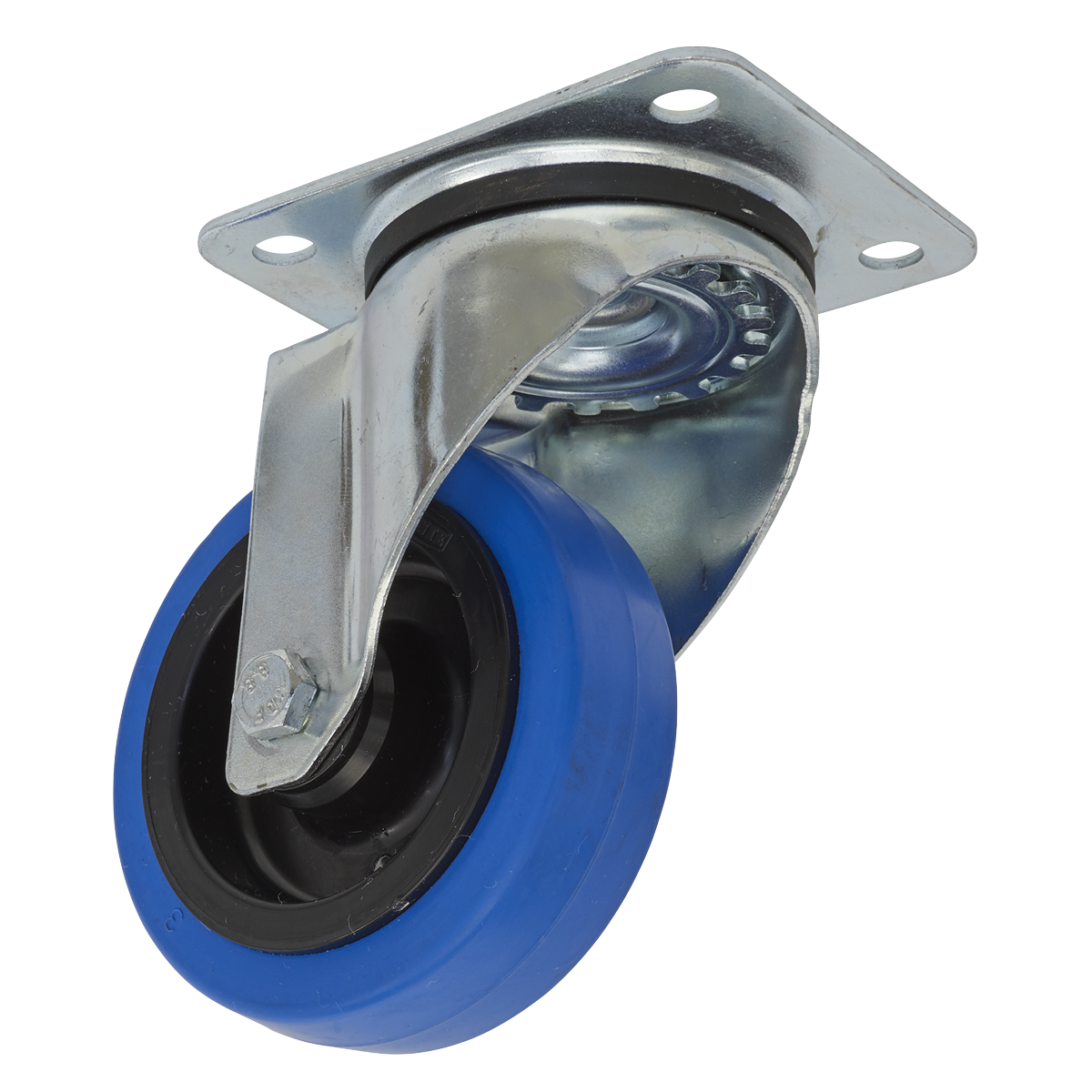 The Sealey Castor Wheel Swivel Plate Ø100mm - SCW3100SP is a blue and black caster wheel with a metal mounting bracket and ball bearing swivel mechanism, featuring a non-marking polyamide elastic wheel. This extra-heavy-duty swivel plate castor boasts a load capacity of 160kg.