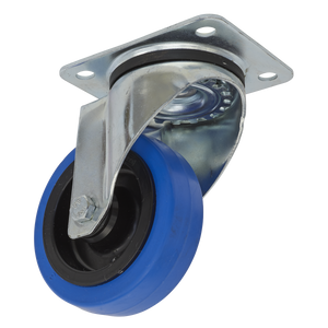 The Sealey Castor Wheel Swivel Plate Ø100mm - SCW3100SP is a blue and black caster wheel with a metal mounting bracket and ball bearing swivel mechanism, featuring a non-marking polyamide elastic wheel. This extra-heavy-duty swivel plate castor boasts a load capacity of 160kg.