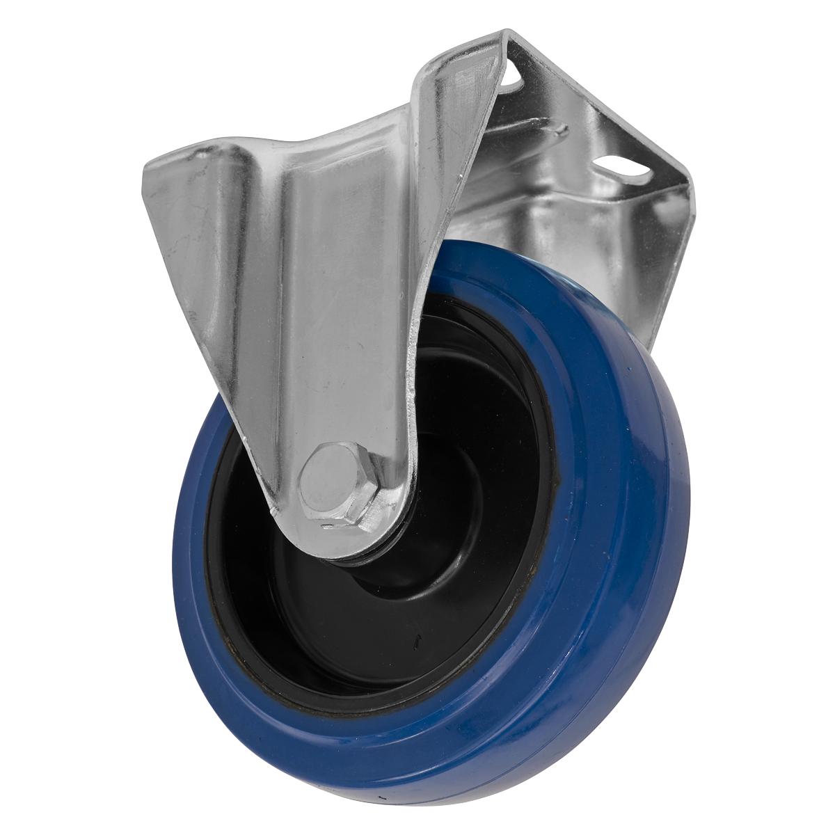 Introducing the Sealey Heavy-Duty Blue Elastic Rubber Fixed Castor Wheel Ø125mm (Trade - SCW3125FPEM), a robust caster wheel featuring an elastic rubber wheel in blue and black, complete with a metal bracket and mounting plate, engineered to handle high load capacities.