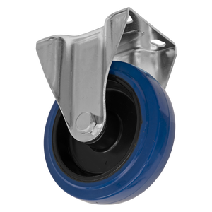 Introducing the Sealey Heavy-Duty Blue Elastic Rubber Fixed Castor Wheel Ø125mm (Trade - SCW3125FPEM), a robust caster wheel featuring an elastic rubber wheel in blue and black, complete with a metal bracket and mounting plate, engineered to handle high load capacities.