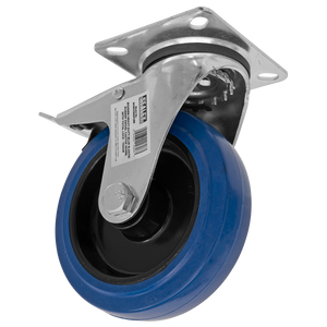 The Sealey Heavy-Duty Blue Elastic Rubber Swivel Castor Wheel with Total Lock Ø125mm - Trade (SCW3125SPLEM) features a solid metal mounting plate and is designed for enhanced load capacity.