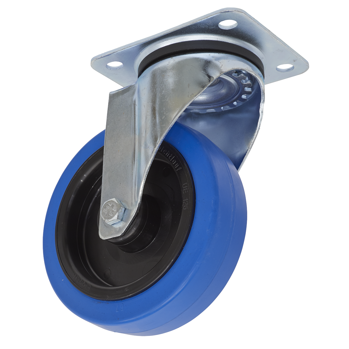 The Sealey Castor Wheel Swivel Plate Ø125mm (SCW3125SP) is a blue castor with a metallic mounting bracket, ideal for furniture or equipment mobility. It features a non-marking wheel and boasts an impressive load capacity.