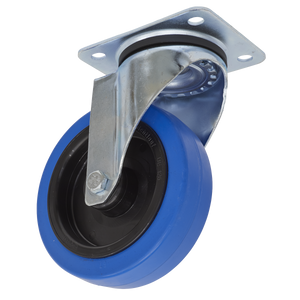 The Sealey Castor Wheel Swivel Plate Ø125mm (SCW3125SP) is a blue castor with a metallic mounting bracket, ideal for furniture or equipment mobility. It features a non-marking wheel and boasts an impressive load capacity.