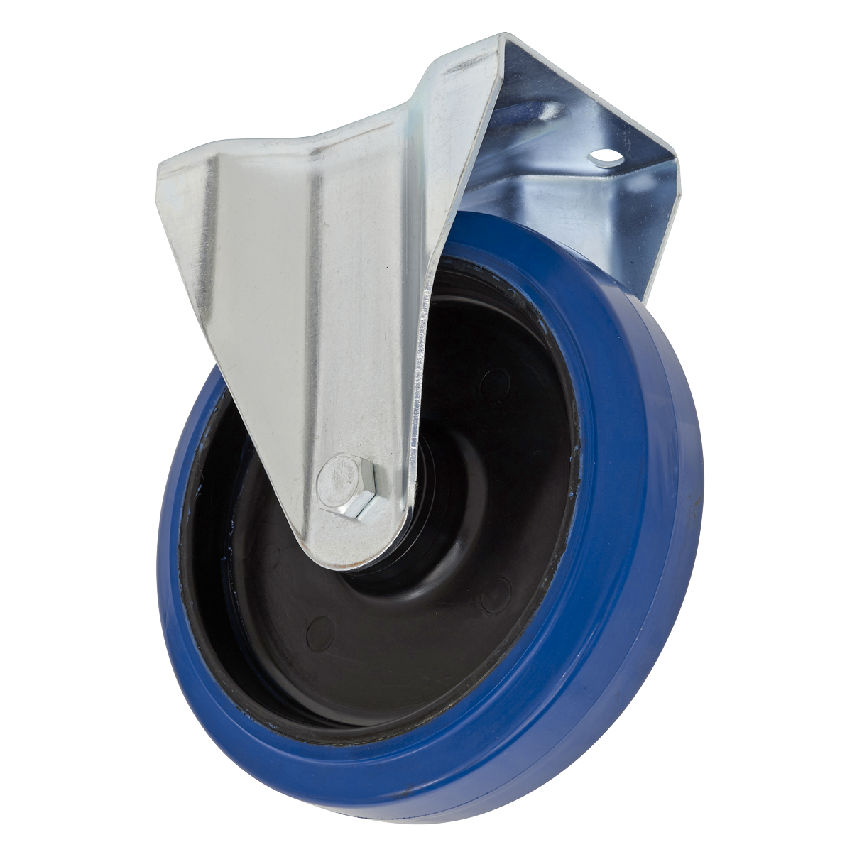 A Sealey Heavy-Duty Blue Elastic Rubber Fixed Castor Wheel Ø160mm, product code SCW3160FPEM, features a durable metal bracket and mounting plate with a blue rim, designed specifically for heavy-duty applications.