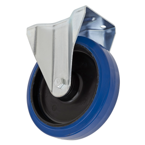 A Sealey Heavy-Duty Blue Elastic Rubber Fixed Castor Wheel Ø160mm, product code SCW3160FPEM, features a durable metal bracket and mounting plate with a blue rim, designed specifically for heavy-duty applications.