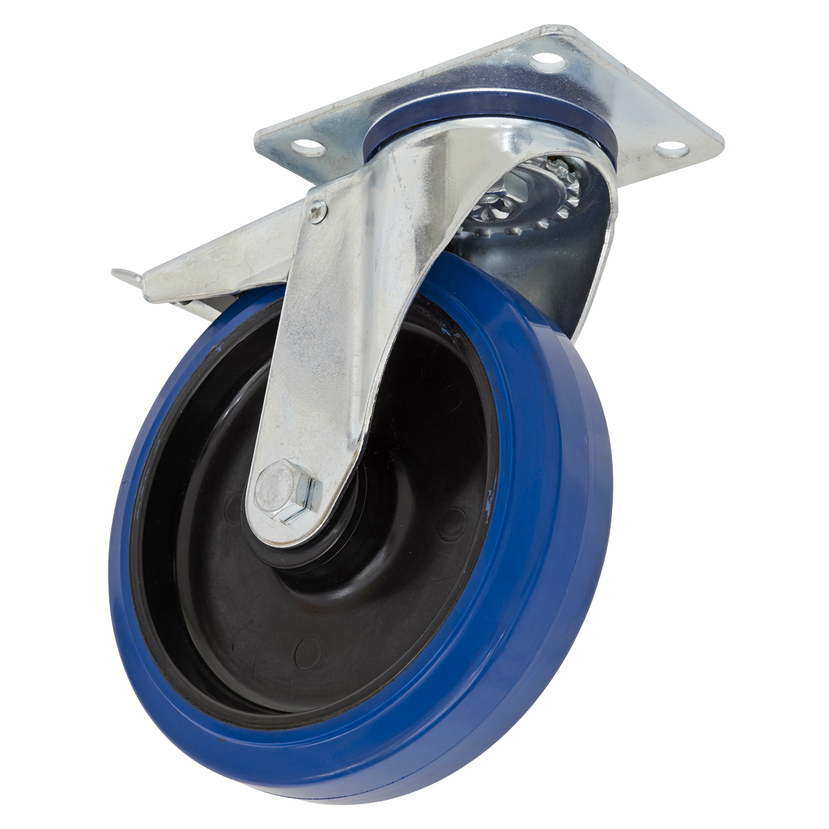 Heavy-Duty Blue Elastic Rubber Castor Wheel Swivel with Total Lock Ø160mm - Trade - SCW3160SPLEM - Farming Parts