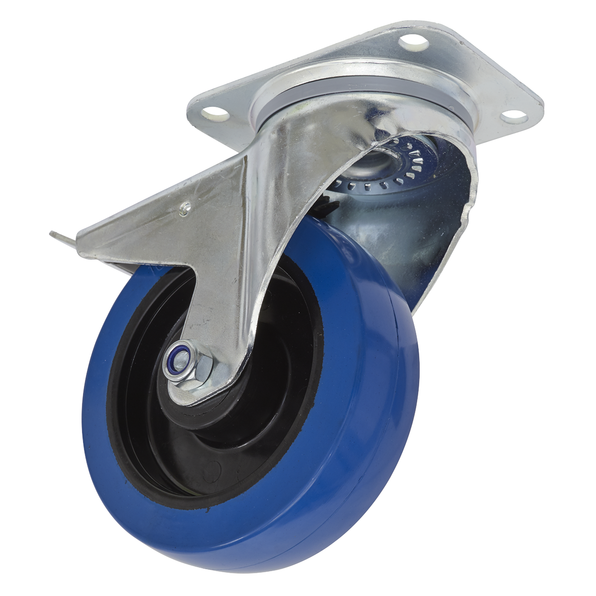 A Castor Wheel Swivel Plate with Total Lock Ø160mm (Model SCW3160SPL) by Sealey, featuring a blue and black extra-heavy-duty caster wheel attached to a metal mounting bracket with a total lock brake system.