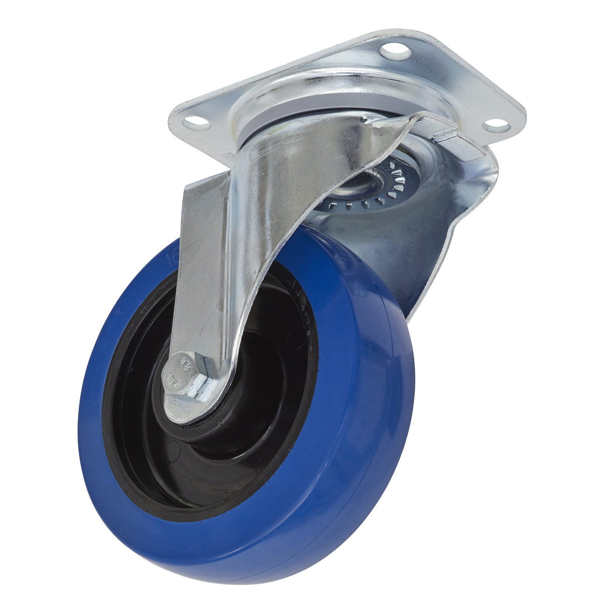 The "Sealey Castor Wheel Swivel Plate Ø160mm - SCW3160SP" is a blue and black, non-marking polyamide/elastic wheel that includes a metal mounting bracket with four bolt holes. This extra-heavy-duty swivel plate castor has an impressive load capacity of 300kg.