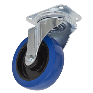 The "Sealey Castor Wheel Swivel Plate Ø160mm - SCW3160SP" is a blue and black, non-marking polyamide/elastic wheel that includes a metal mounting bracket with four bolt holes. This extra-heavy-duty swivel plate castor has an impressive load capacity of 300kg.