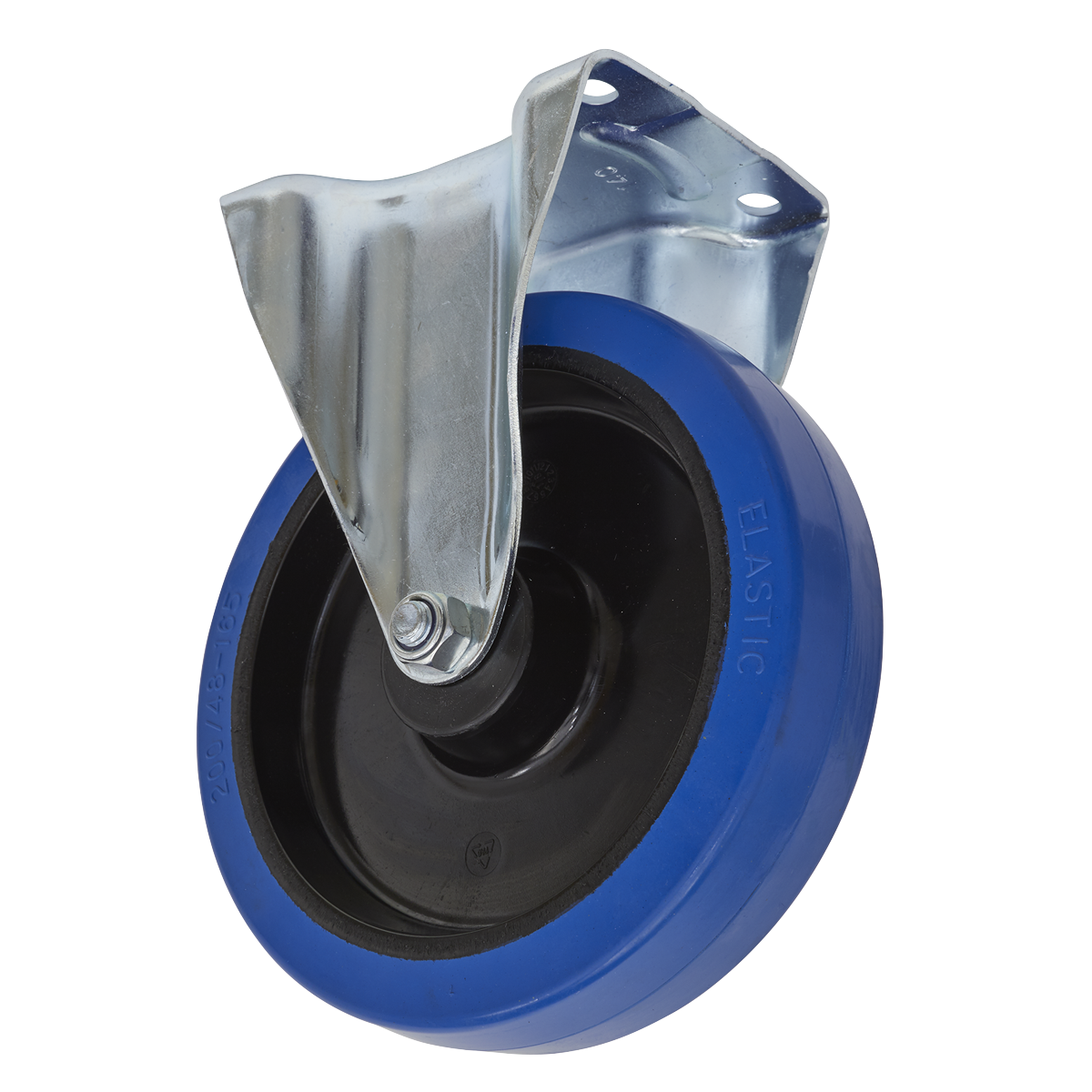 The Sealey Castor Wheel Fixed Plate Ø200mm, model SCW3200FP, features a blue and black non-marking wheel attached to a metal bracket. Viewed from a slight angle, the extra-heavy-duty castor includes four mounting holes and boasts an impressive 400kg load capacity.