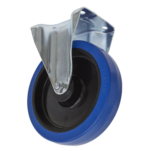 The Sealey Castor Wheel Fixed Plate Ø200mm, model SCW3200FP, features a blue and black non-marking wheel attached to a metal bracket. Viewed from a slight angle, the extra-heavy-duty castor includes four mounting holes and boasts an impressive 400kg load capacity.