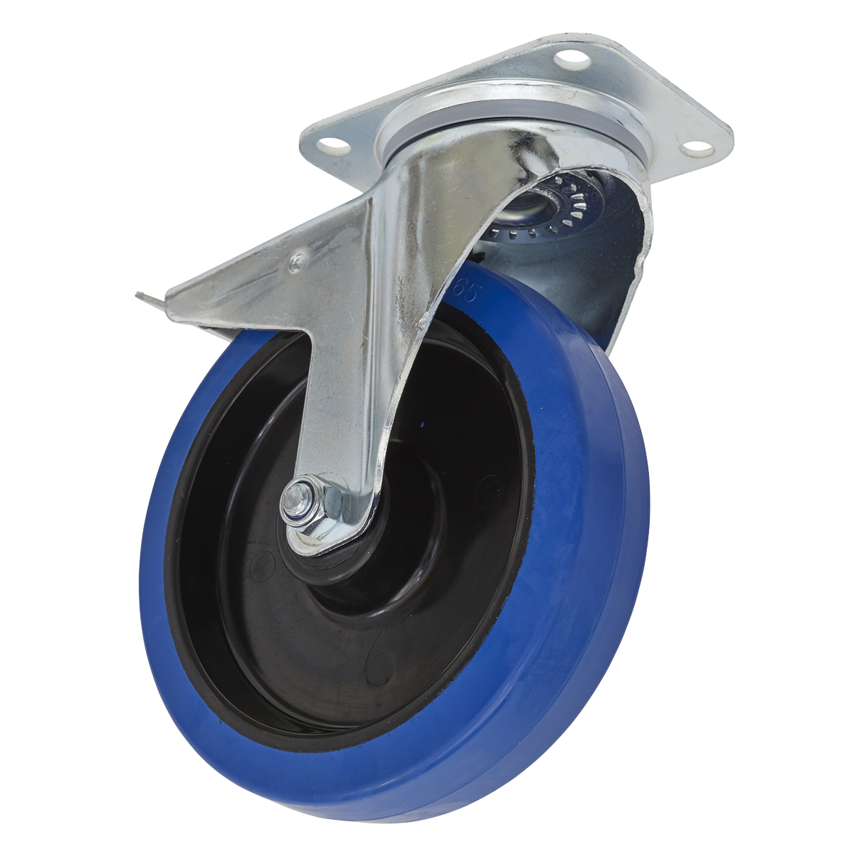 A Sealey Castor Wheel Swivel Plate with Total Lock 200mm (model SCW3200SPL) in blue and black, featuring a metal mounting plate and swivel mechanism.