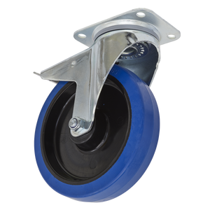 A Sealey Castor Wheel Swivel Plate with Total Lock 200mm (model SCW3200SPL) in blue and black, featuring a metal mounting plate and swivel mechanism.