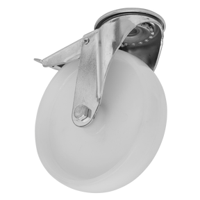 A single Sealey Heavy-Duty Nylon Castor Wheel Bolt Hole with Total Lock Ø100mm - Trade - SCW4100SBLEM, featuring a white nylon wheel and a metal mounting bracket with a 200kg load capacity, isolated on a white background.