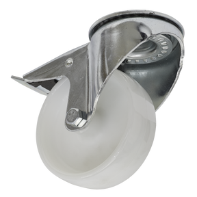 A high-quality Sealey Castor Wheel Bolt Hole Swivel with Total Lock Ø100mm (SCW4100SBL) featuring a heavy-duty, non-marking polyamide wheel, viewed from a slight angle to highlight the mounting bracket and axle.