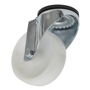The Sealey Castor Wheel Bolt Hole Swivel Ø100mm - SCW4100SB is a white, polyamide wheel swivel castor featuring a heavy-duty metal bracket and mounting plate.