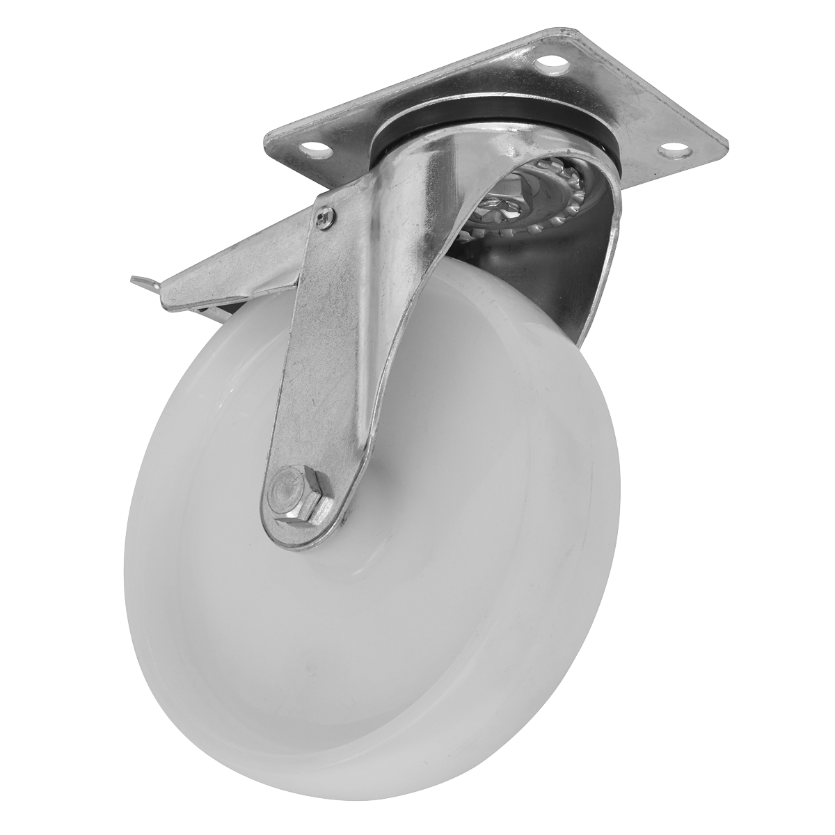 The Sealey Heavy-Duty Nylon Castor Wheel Swivel with Total Lock Ø100mm - Trade - SCW4100SPLEM features a durable, white nylon wheel and a metal mounting bracket, making it ideal for installation on various types of equipment and ensuring a robust load capacity.