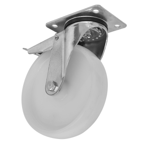 The Sealey Heavy-Duty Nylon Castor Wheel Swivel with Total Lock Ø100mm - Trade - SCW4100SPLEM features a durable, white nylon wheel and a metal mounting bracket, making it ideal for installation on various types of equipment and ensuring a robust load capacity.