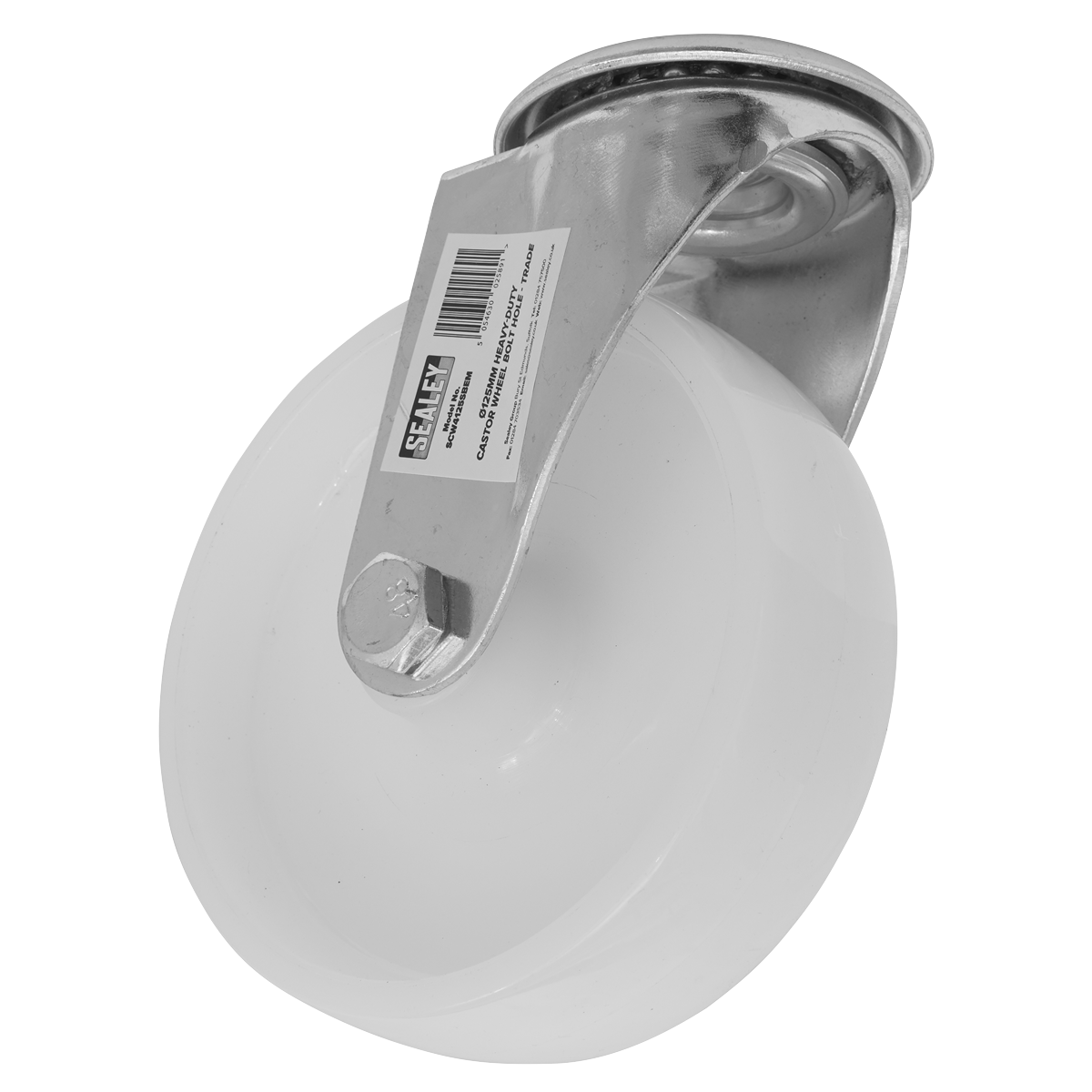 The Sealey Heavy-Duty Trade Castor Wheel Bolt Hole Ø125mm - Trade - SCW4125SBEM features a sturdy white nylon wheel with a metal bracket and an integrated barcode. This robust castor wheel is designed to support up to 230kg.