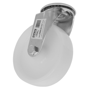 The Sealey Heavy-Duty Trade Castor Wheel Bolt Hole Ø125mm - Trade - SCW4125SBEM features a sturdy white nylon wheel with a metal bracket and an integrated barcode. This robust castor wheel is designed to support up to 230kg.