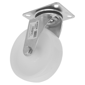 Here's an image showcasing the Sealey Heavy-Duty Nylon Swivel Castor Wheel Ø125mm - Trade (SCW4125SPEM) with a sturdy metal mounting plate and a visible barcode on the side.