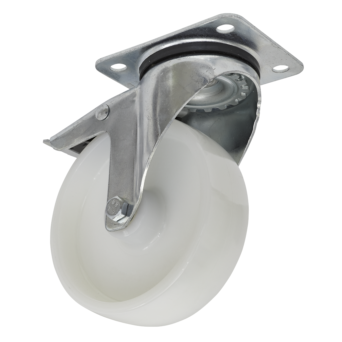 Introducing the Sealey Castor Wheel Swivel Plate with Total Lock Ø125mm - SCW4125SPL: a heavy-duty castor with a white, non-marking polyamide wheel and a sturdy metal mounting bracket, perfect for attaching to the bottom of furniture or equipment.