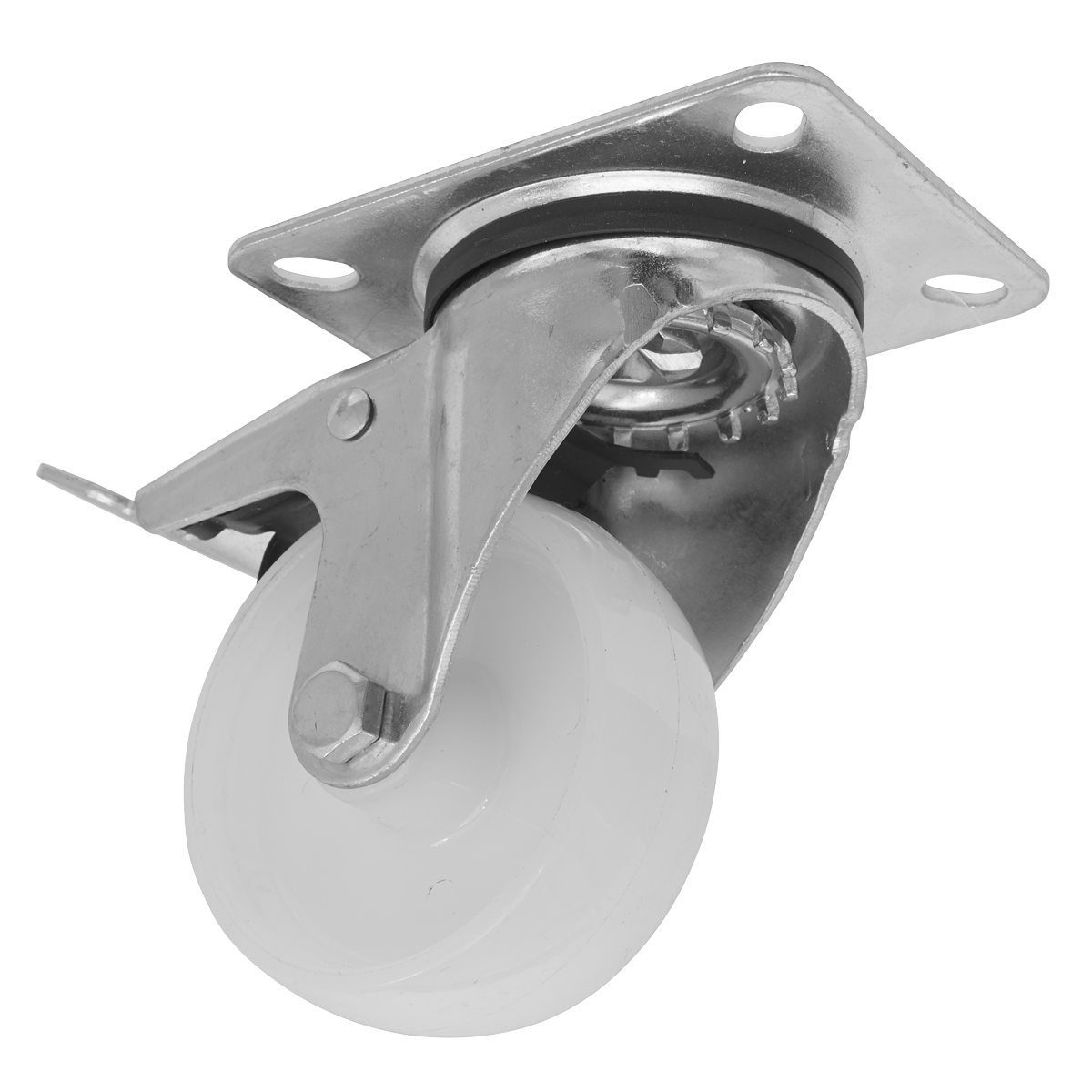 The Sealey Heavy-Duty Nylon Castor Wheel Swivel with Total Lock Ø80mm - Trade - SCW480SPLEM is shown. It features a durable nylon wheel and a metal mounting plate with four screw holes, ensuring reliable load capacity.