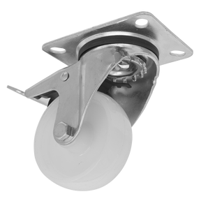 The Sealey Heavy-Duty Nylon Castor Wheel Swivel with Total Lock Ø80mm - Trade - SCW480SPLEM is shown. It features a durable nylon wheel and a metal mounting plate with four screw holes, ensuring reliable load capacity.