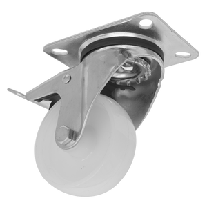 The Sealey Heavy-Duty Nylon Castor Wheel Swivel with Total Lock Ø80mm - Trade - SCW480SPLEM is shown. It features a durable nylon wheel and a metal mounting plate with four screw holes, ensuring reliable load capacity.