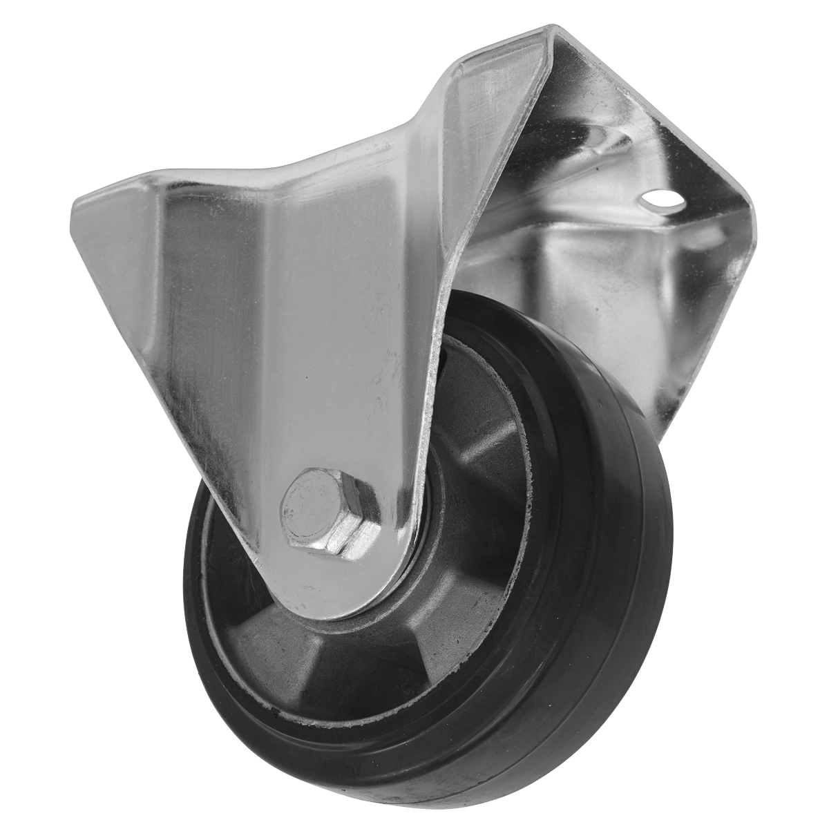 The Sealey Heavy-Duty Rubber Fixed Plate Castor Wheel Ø125mm - Trade - SCW5125FPEM features a single black moulded rubber wheel with a metallic bracket and mounting plate, boasting an impressive load capacity of 250kg.