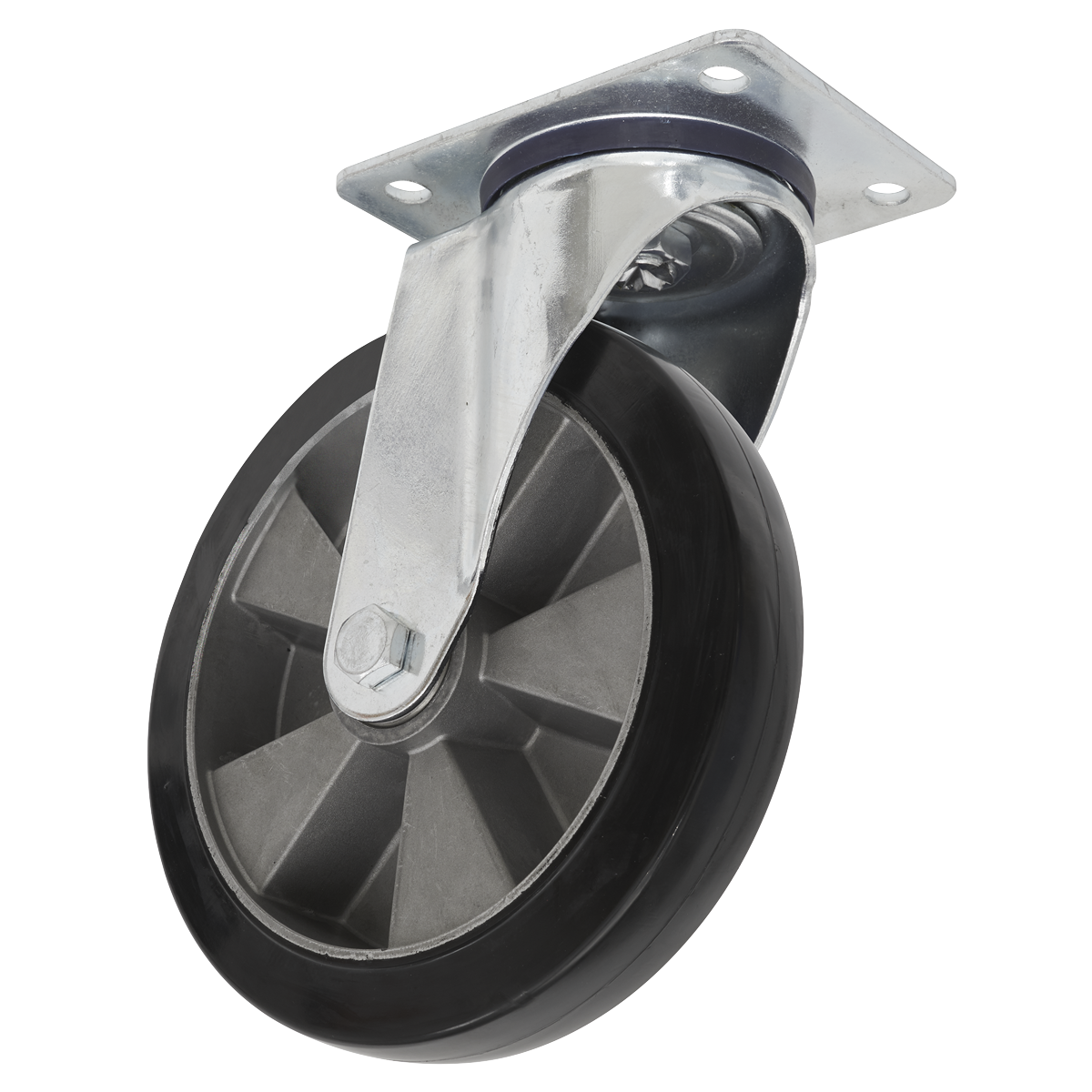 Introducing the Sealey Heavy-Duty Rubber Swivel Castor Wheel Ø125mm - Trade - SCW5125SPEM, a robust castor with a metal mounting plate and moulded rubber wheel, capable of supporting loads up to 250kg.