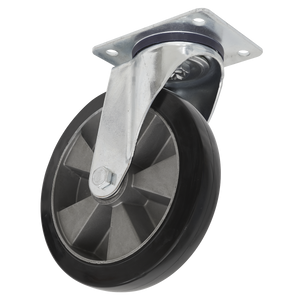 Introducing the Sealey Heavy-Duty Rubber Swivel Castor Wheel Ø125mm - Trade - SCW5125SPEM, a robust castor with a metal mounting plate and moulded rubber wheel, capable of supporting loads up to 250kg.