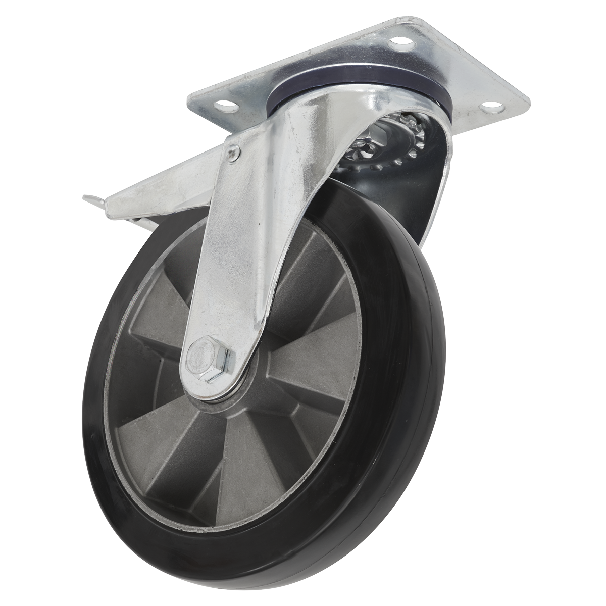 The Sealey Heavy-Duty Rubber Castor Wheel Swivel with Total Lock Ø152mm - Trade - SCW5152SPLEM is an industrial-grade castor featuring a moulded rubber wheel, a sturdy metal frame, and a black tire. Designed for rigorous use, it boasts an impressive load capacity of 330kg.