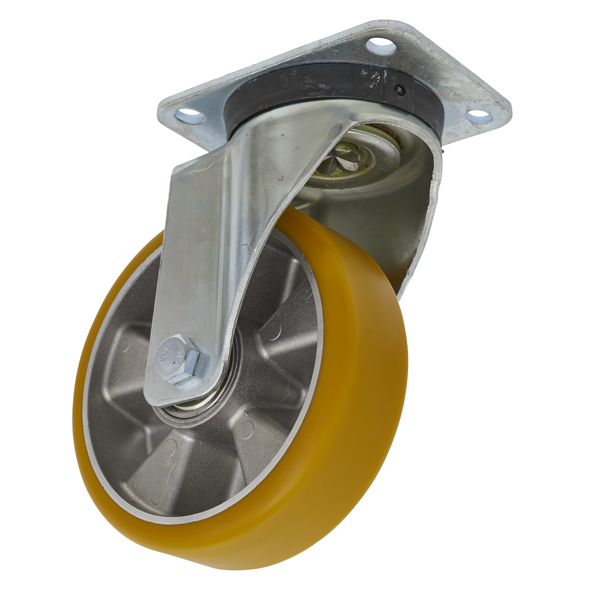 The Sealey Castor Wheel Swivel Plate Ø160mm - SCW5160SP is shown, featuring a yellow-rimmed non-marking wheel and a steel mounting bracket. This ultra-heavy-duty caster includes a metallic core and a nut attachment above the wheel for secure installation, with an impressive load capacity of 600kg.