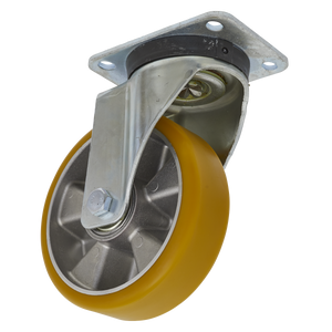 The Sealey Castor Wheel Swivel Plate Ø160mm - SCW5160SP is shown, featuring a yellow-rimmed non-marking wheel and a steel mounting bracket. This ultra-heavy-duty caster includes a metallic core and a nut attachment above the wheel for secure installation, with an impressive load capacity of 600kg.